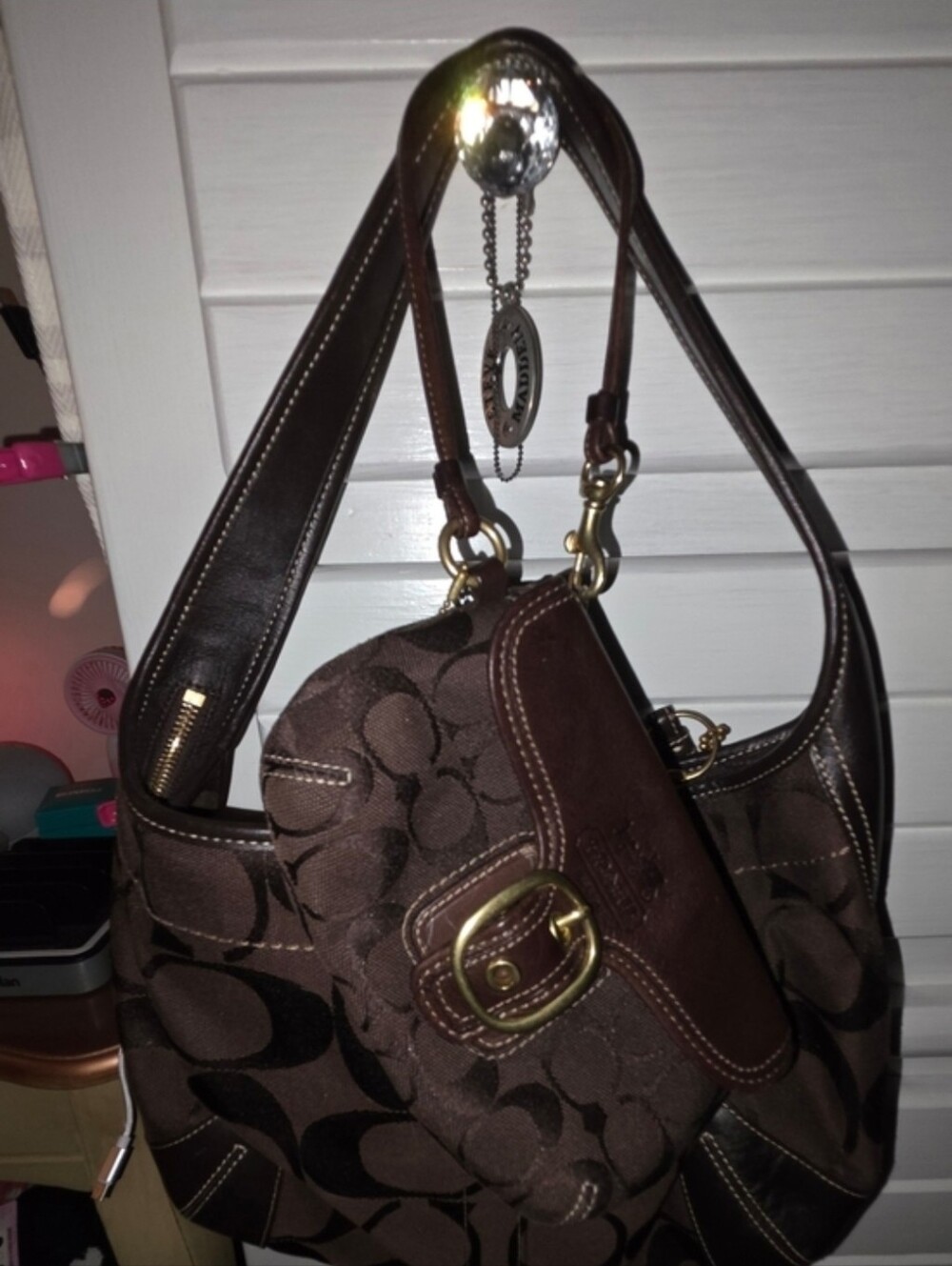 Coach Brown Signature Canvas Shoulder Bag w/ Leather Trim & Wristlet